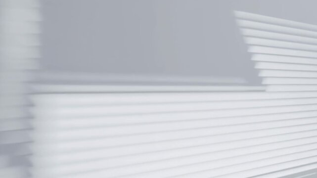 Horizontal blinds cast shifting parallel light bands across pale interior wall, creating soft striped geometry with lateral movement, calm contrast and subtle texture