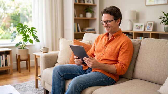 Avid young reader wearing casual clothes and glasses, relaxing comfortably on a cozy modern sofa in a bright living room while engrossed in reading an eBook on a sleek e-reader device