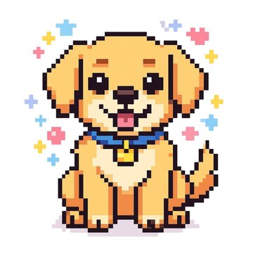 Cute Golden Retriever Pixel Art Character, Kawaii Retro 8 Bit Illustration