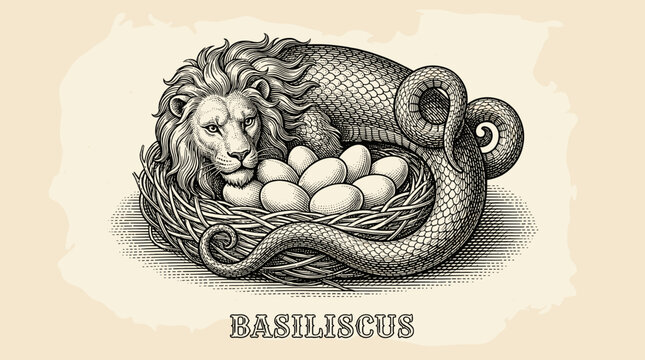 Mythical Basilisk Creature with Lion Head and Serpent Body in Nest with Eggs, Engraving Style Illustration, Vintage Heraldic Symbol