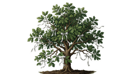 Obraz premium Flourishing tree with silver awareness ribbons on green screen key on a clean transparent background