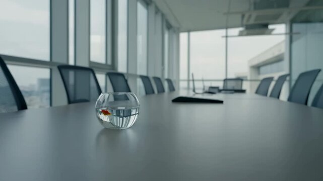 Goldfish swimming in glass bowl on long modern conference table with reflections and overcast daylight inside minimalist boardroom, with fishbowl, goldfish, conference, boardroom detail