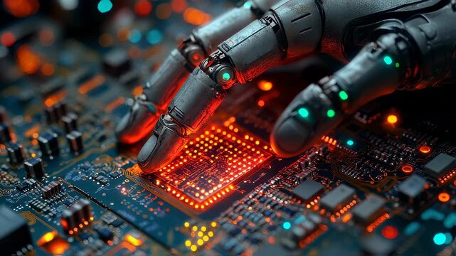 Close-Up of Robotic Hand Interacting with Illuminated Circuit Board Featuring Advanced Technology