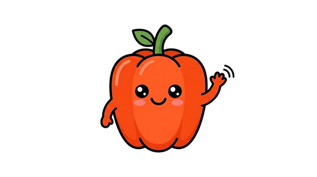 Cute cartoon bell pepper waving friendly with green leaf