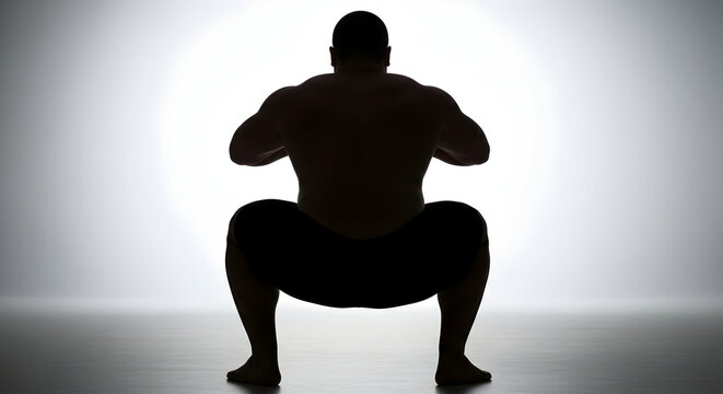 Silhouette of a Man Performing Squat Exercise Against a Minimalist Background with Dramatic Lighting and Emphasized Physical Form