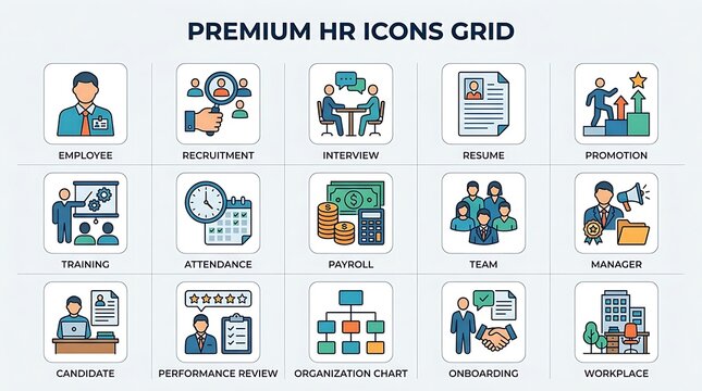 Premium flat hr icons set for recruitment and workplace management