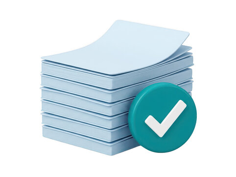 Stack of paper with a checkmark icon. 3D render of approved documents and task completion.