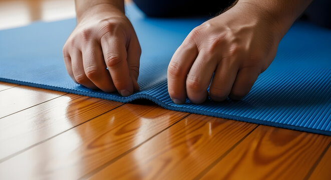 Hands Adjusting a Blue Yoga Mat on a Wooden Floor Preparing for a Home Workout Session Focused on Fitness and Wellness