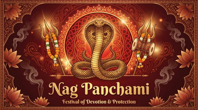 Nag Panchami Celebration with Sacred Cobra Trident Lotus and Spiritual Mandala Artwork in Glowing Festival Poster Design