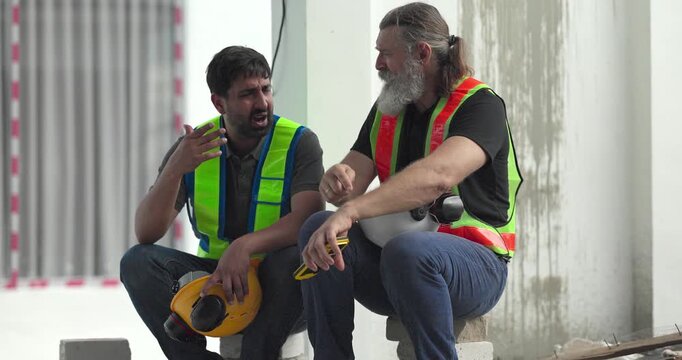  Exhausted construction workers with burnout resting tired and stressed at house building site