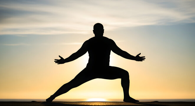 Silhouette of a Strong Individual Practicing Yoga During Sunset with Warm Golden Light Over a Scenic Outdoor Landscape
