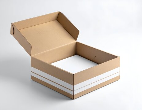 Cardboard box with partially open lid, showing interior with white paper sheets