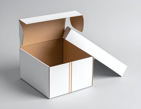A white cardboard box, lid open to the side. Inside is brown. Grey background