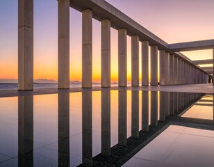 Naklejka premium Concrete pillars and reflections mirror a stunning sunset over a serene body of water