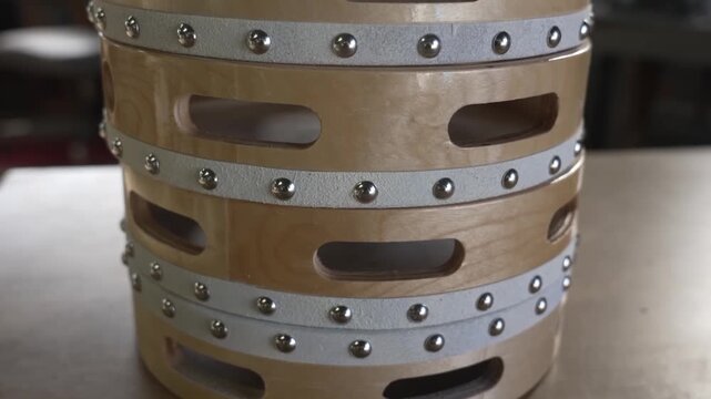 Close up of a wooden tambourine shell fitted with metal rims and rivets in an instrument making workshop