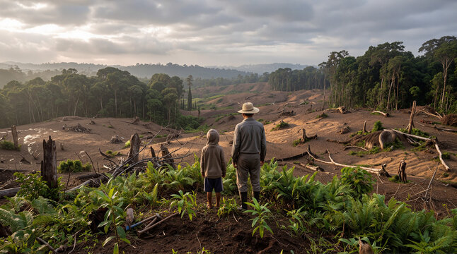 Adult and child overlooking tropical deforestation showing forest loss and impact on future generations