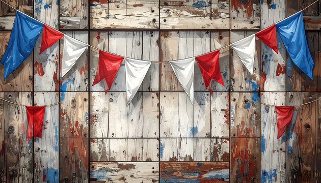 Festive bunting flags on a rustic weathered wooden wall background.
