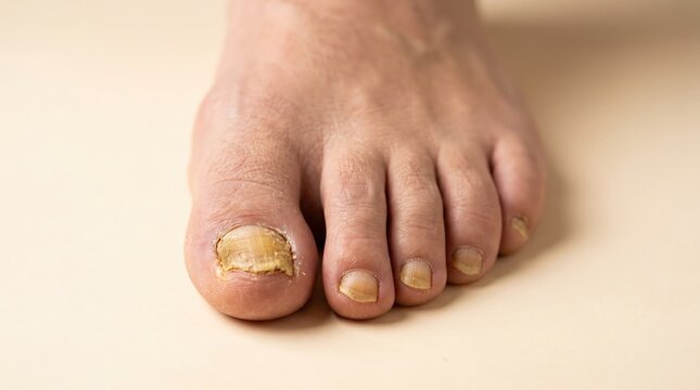 Close-up view of a human foot with visible toenails showing signs of discoloration and damage, placed on a light beige background for clear focus on the subject