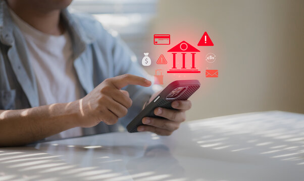 Businesswoman using smartphone with digital financial and security icons floating above, modern technology, financial services, online banking concept ecommerce security risk