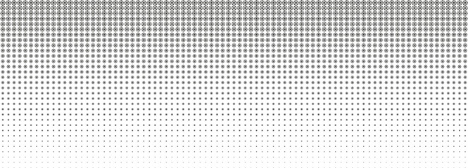 Obraz premium Halftone vector texture of gradient black snowflakes. Seamless horizontal pattern. Winter comic pop art overlay. Smooth particle fade. Transition lattice. Abstract geometric backdrop.