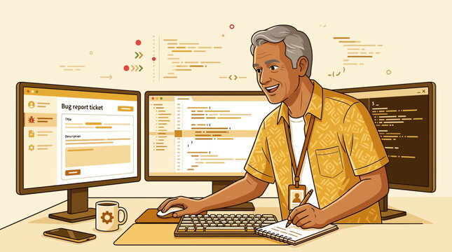 Senior coder working on multiple computer screens, writing code and taking notes.