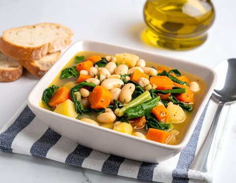 A colorful stew with vegetables and beans in a square bowl, bread and olive oil nearby