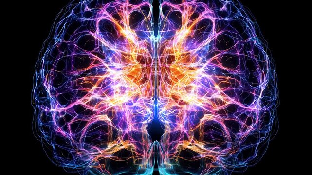 The brain with colorful neural connections highlighting its activity and structure on a black background