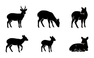 Fototapeta premium Deer Silhouette Collection, Wildlife Animal Icons, Forest Fauna Vector Graphics, Nature Mammal Set