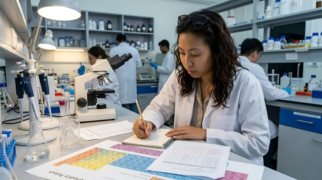 Young female student diligently writing notes at a laboratory desk, surrounded by scientific equipment and research materials