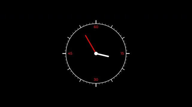 Minimalist analog clock with red and white ticking stopwatch timer on alpha channel