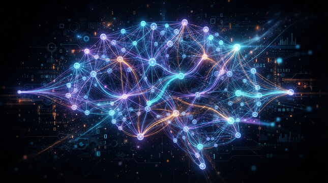 Artificial intelligence neural network concept, glowing digital brain with connected nodes, futuristic blue and purple data visualization of machine learning