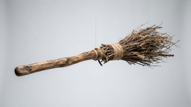 Rustic handmade witch broomstick, vintage wooden besom with natural twigs and twine, floating magic broom on neutral background