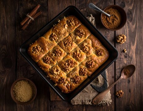 Baked walnut squares in a pan, ingredients nearby, on a rustic wood surface