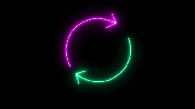 A neon pink circular arrow icon with two opposite direction arrows suggesting refresh and cycle on a dark background, perfect for technology and user interface design