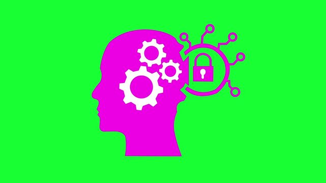 Human head silhouette with gears inside representing thought process and a digital lock icon signifying data security and cyber protection concept