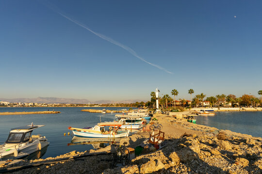 Side , Turkey &ndash; 01 Yanuary 2023: Lighthouse and Boats in the Harbor of Side, Turkey