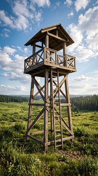 Wooden Observation Tower Standing in Green Meadow Under Blue Sky