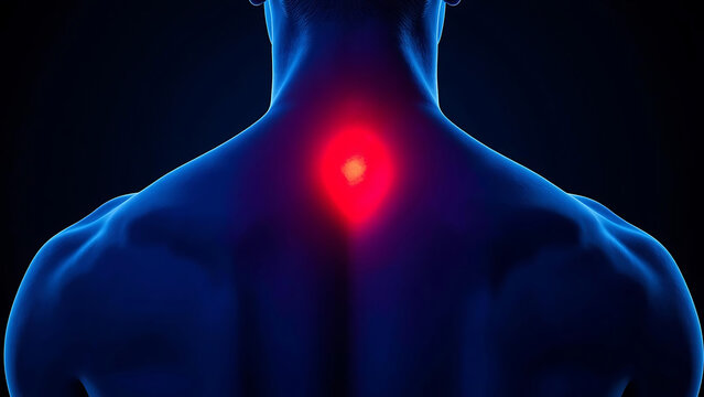 Human Back Pain, Neck Injury, Cervical Spine Discomfort, Red Spot On Muscular Body, Healthcare Concept