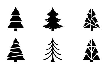 Obraz premium Six Stylized Christmas Tree Icons, Vector Set: Festive Evergreen Silhouettes for Holiday Design