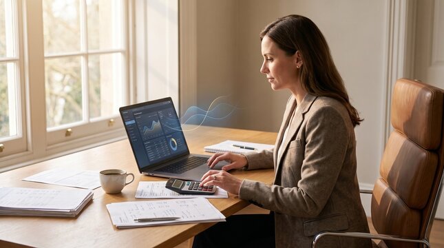 Professional accountant reviewing financial analytics on laptop using calculator in bright office