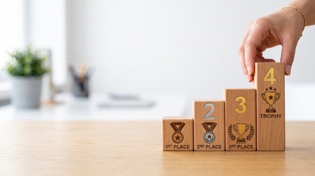 Hand placing wooden block with number four on podium steps, ranking, competition results, first second third place medals, trophy symbol, success hierarchy, achievement levels