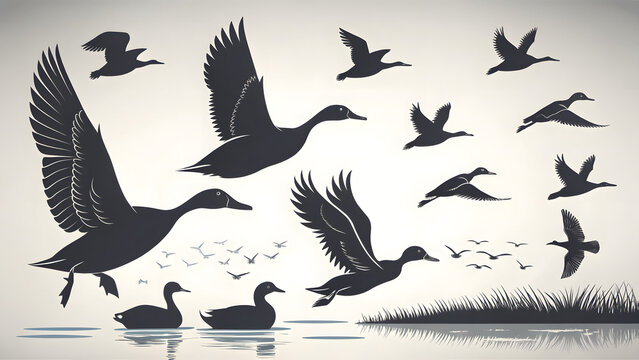 Flock of migratory geese flying in V formation over water. Silhouetted birds in dynamic motion against minimalist landscape backdrop.