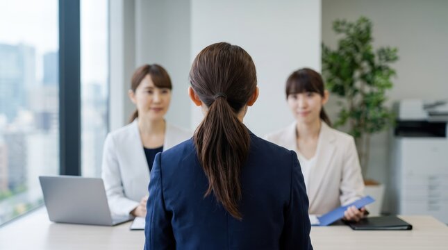 Female candidate attending job interview with two female recruiters, professional hiring process in modern corporate office, human resources and recruitment concept