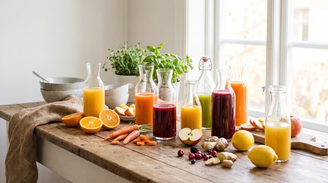 Assortment of fresh fruit and vegetable juices in glass carafes on rustic wooden table
