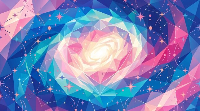 Abstract low poly illustration featuring a glowing crystal heart surrounded by geometric polygon shapes, sparkling stars, and constellation elements in a vibrant blue, pink, and purple galaxy-inspired