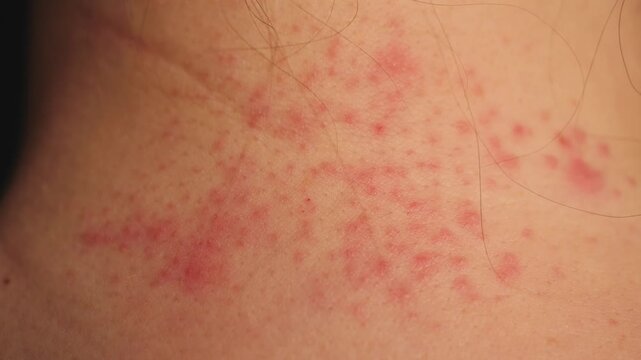 Red skin rash on the neck of a person. Visible irritation, redness, and inflamed skin that may indicate an allergic reaction, dermatitis, heat rash, or other dermatological condition. High quality 4k