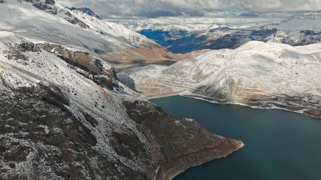 Aerial flying over El Yeso reservoir, Chile