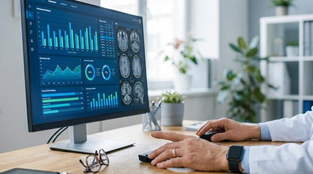 Close up of doctor hands using computer with medical analytics dashboard and brain MRI scans in office