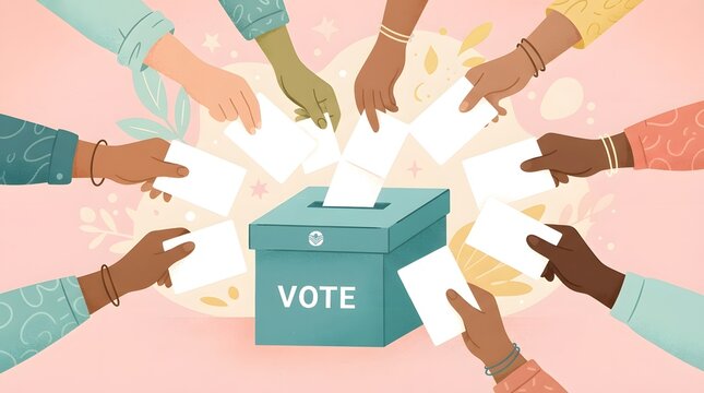 Diverse group of people casting their votes into a ballot box, illustration of democratic participation and civic duty
