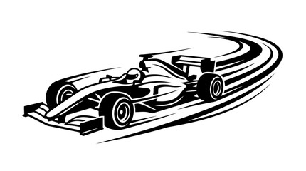 Fototapeta premium Dynamic black and white illustration of a Formula 1 race car speeding with motion lines, depicting high-speed racing and competition.